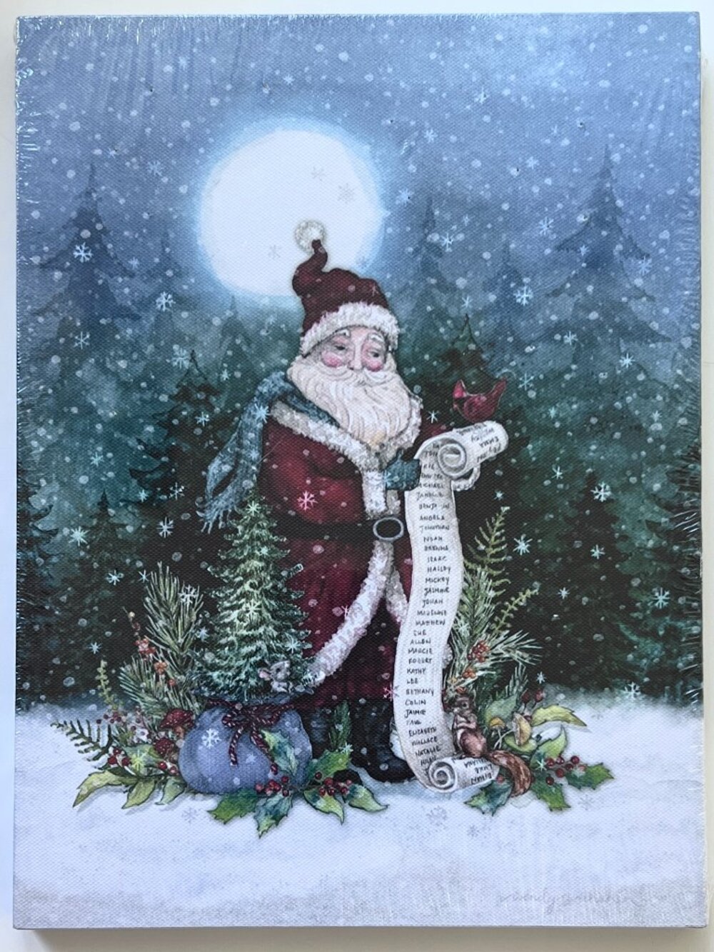NEW Lighted Christmas Canvas Print Light up Snowy Santa Wall Art 9 X 12 inches